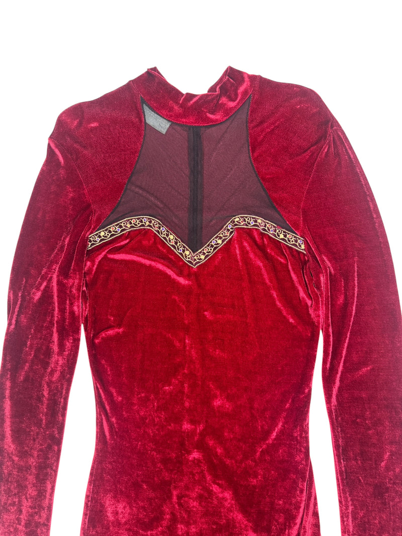 Vintage 80s Rocco Barocco Red Velvet Mockneck Long Sleeve Formal Dress with Mesh Cutout | Size XL