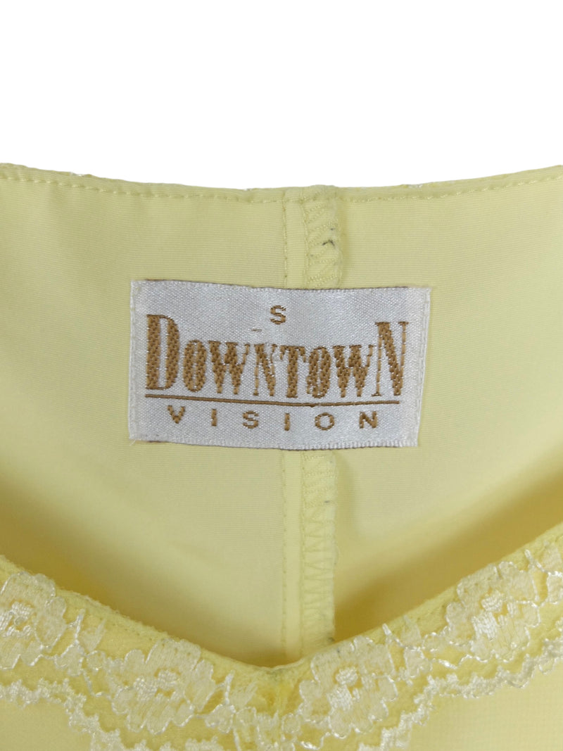 Vintage 90s Chic Formal Pastel Light Yellow Sleeveless Chiffon Tank Floor Length Maxi Dress with Lace Trim | Size S Vintage 90s Chic Formal Pastel Light Yellow Sleeveless Chiffon Tank Floor Length Maxi Dress with Lace Trim | Size S