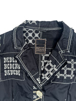 Vintage 2000s Y2K Marithé + François Girbaud Bohemian Subversive Navy Blue & White Abstract Embroidered  Button Down Collared Blazer Jacket | Size S
