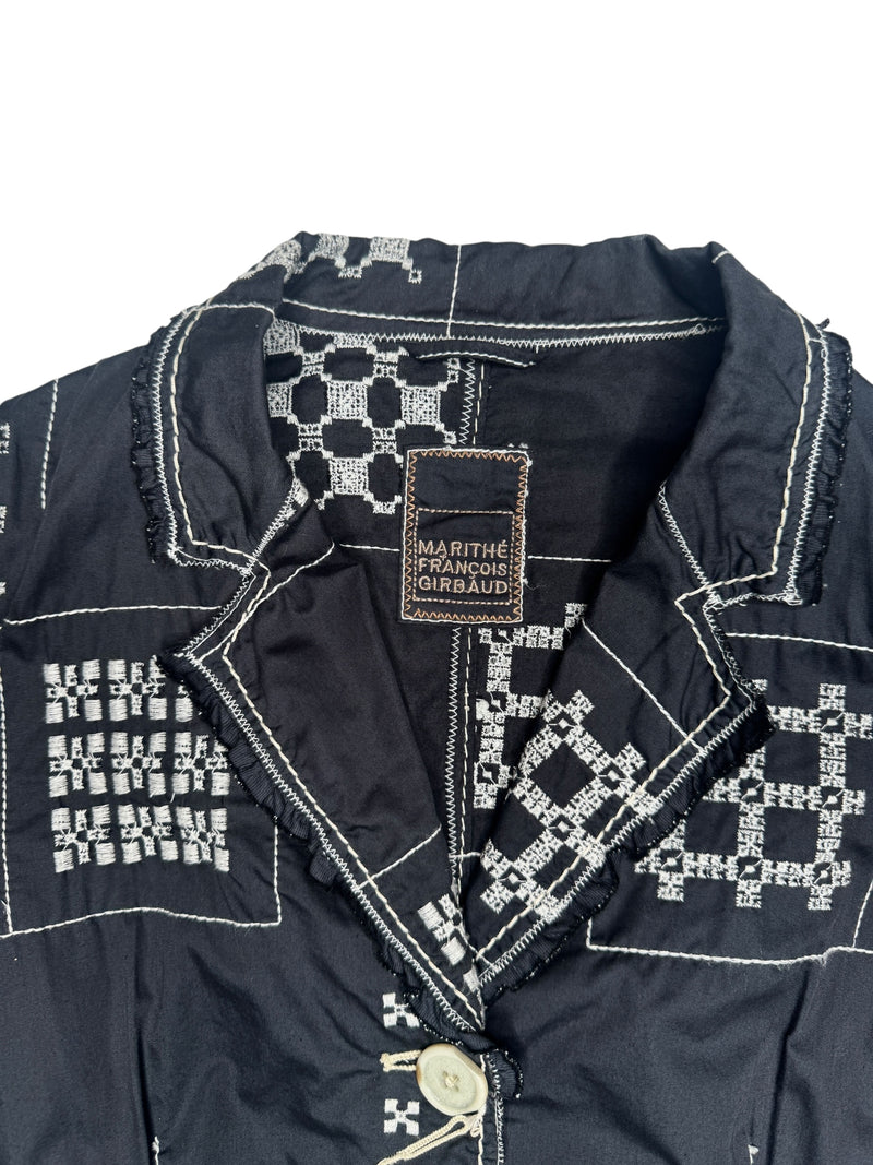 Vintage 2000s Y2K Marithé + François Girbaud Bohemian Subversive Navy Blue & White Abstract Embroidered  Button Down Collared Blazer Jacket | Size S