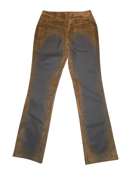 Vintage 2000s Low Rise Brown Velour Fitted Bootcut Trousers With Blue Printed Fade Detail | Size XS