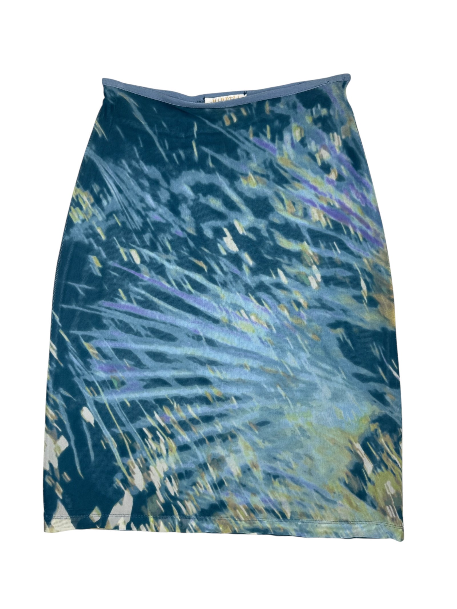 Vintage 2000s Marella High Waisted Blue Abstract Patterned Chiffon Mesh Midi Skirt | 30 Inch Waist