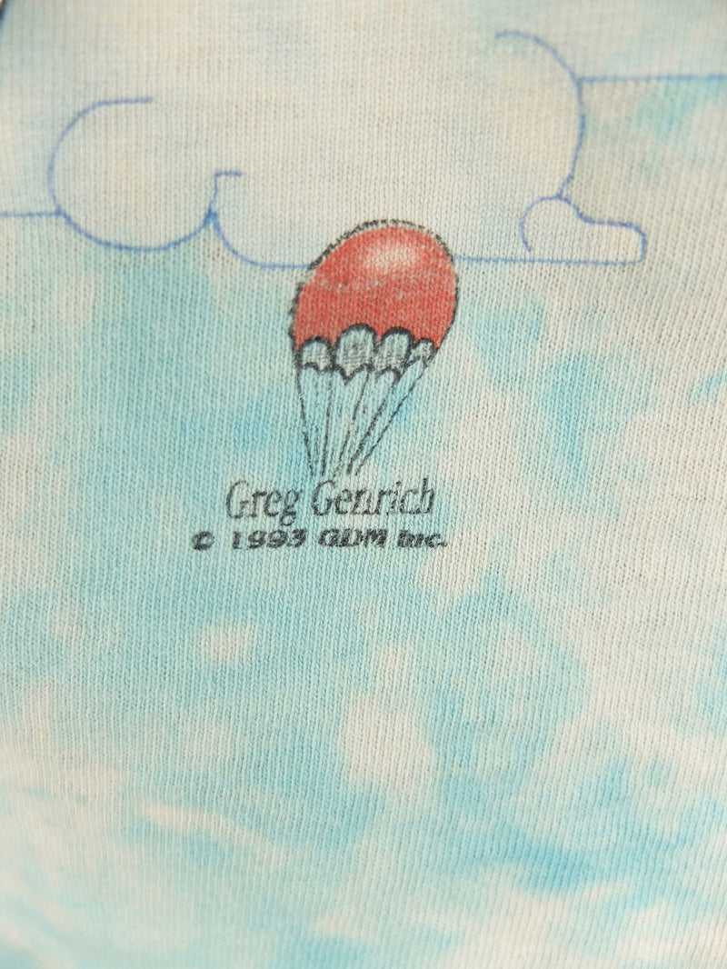 Vintage 90s 1993 Grateful Dead Deadhead Parachute Bears Distressed Blue Tie Dye Acid Wash Graphic Short Sleeve T-Shirt