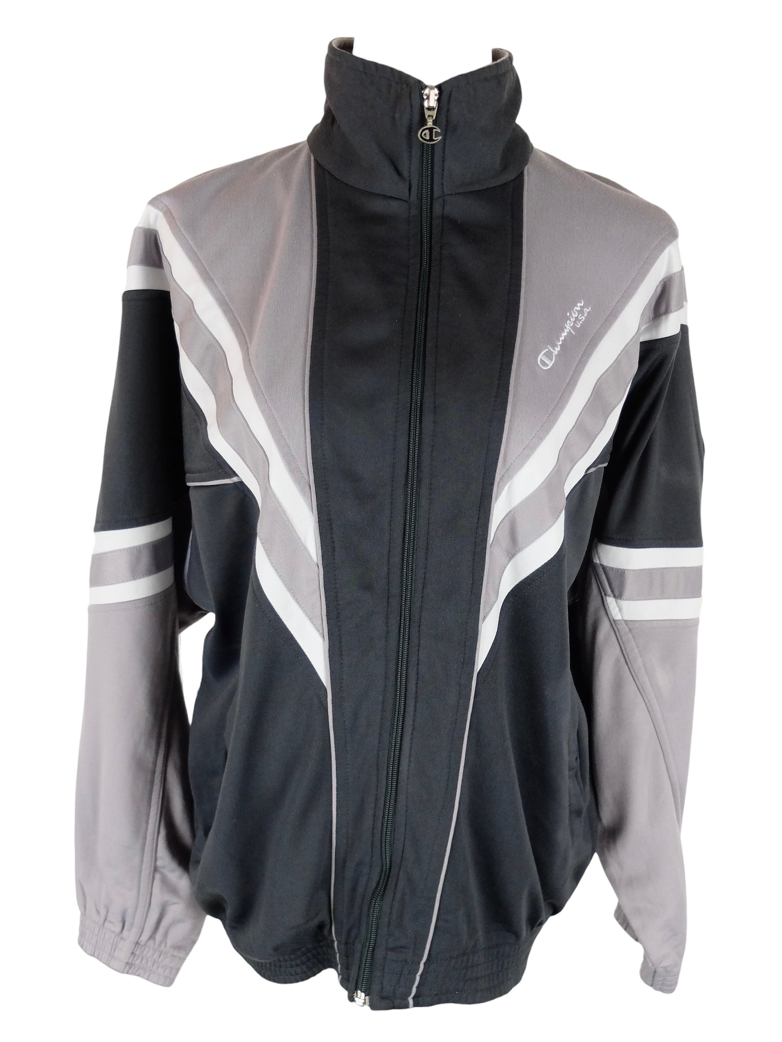 Vintage 2000s Y2K Men’s Champion Branded Streetwear Sportswear Grey Black & White High Roll Neck Zip Up Track Top Jacket | Men’s Size M