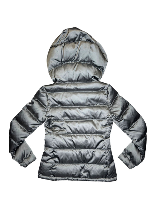 Vintage 2000s PRADA Anthracite Grey Silver Quilted Nylon Down Puffer Jacket with Fox Fur Hood | Size XS