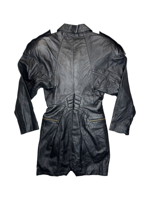 Vintage 90s Black Moto Leather Long Sleeve Fitted Zip Up Mini Dress | Size XS