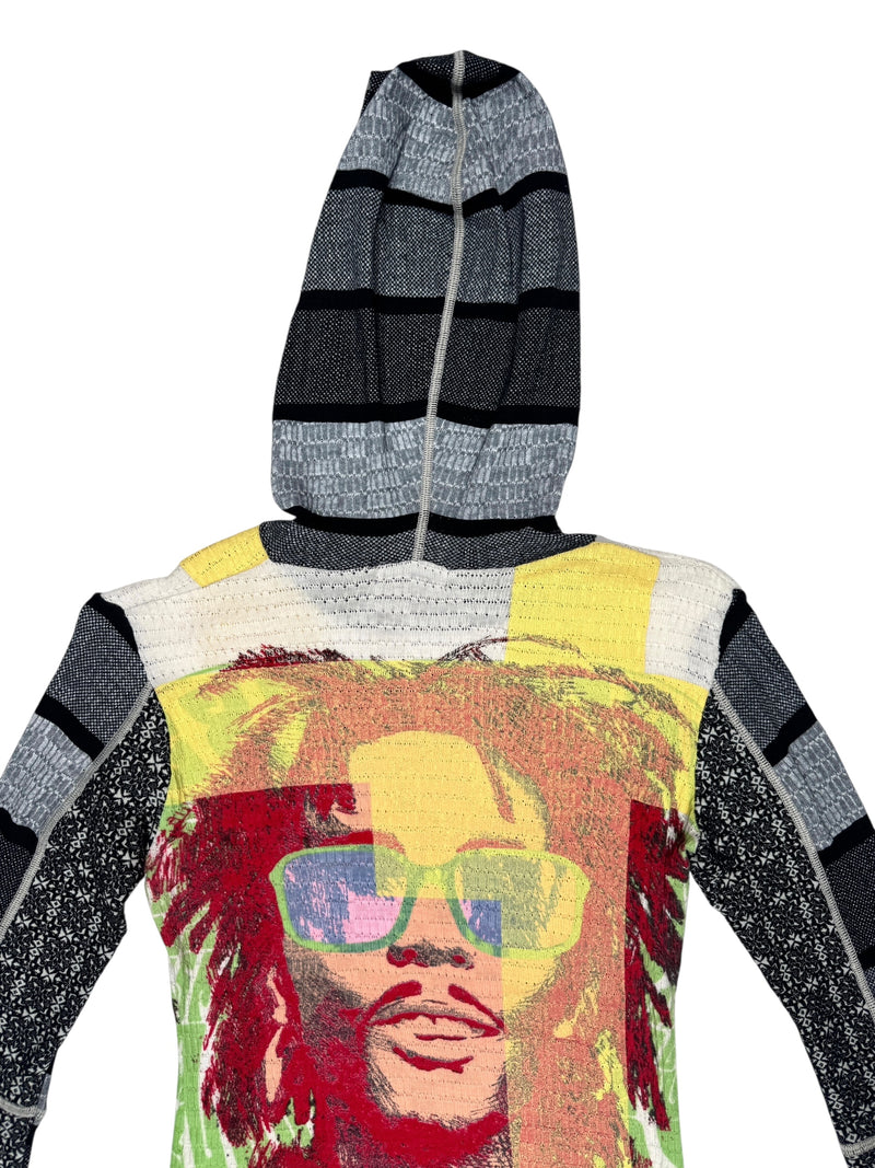 Vintage 2000s Y2K Custo Barcelona Streetwear Fitted Abstract Multicoloured Graphic Hooded Long Sleeve Shirt | Size S