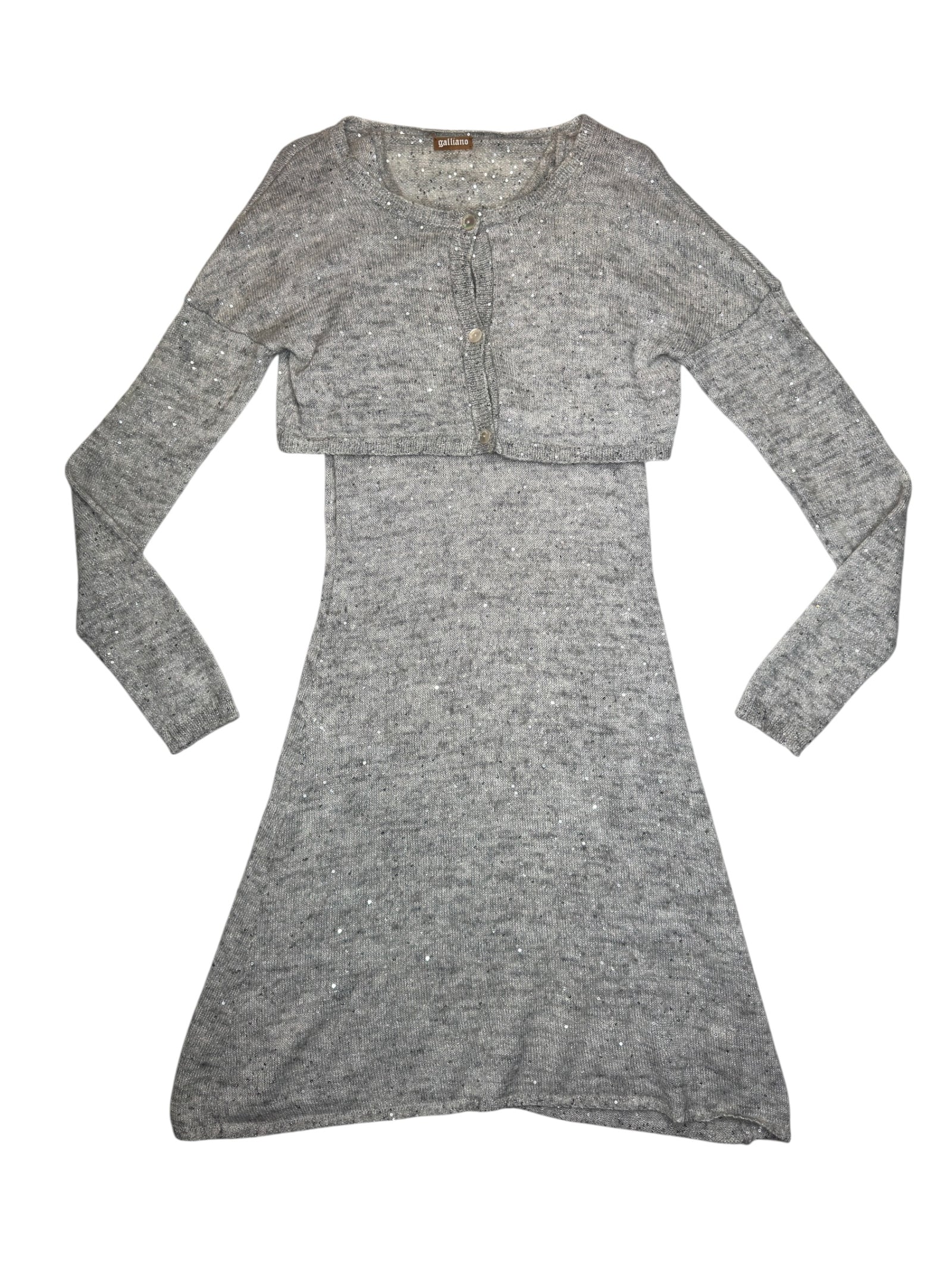 Vintage 2000s GALLIANO Mohair Wool Blend Grey Sequin Knit A-Line Tank Midi Dress & Cropped Cardigan 2 Piece Set | Size S