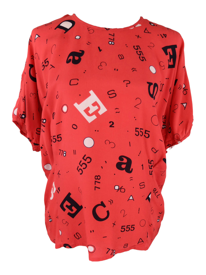Vintage 80s Escada Designer Silk Bright Red Letters & Numbers Abstract Patterned Half Sleeve Blouse | Size L
