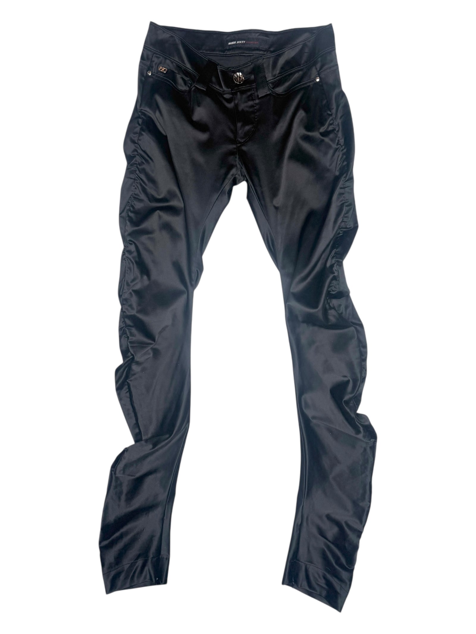 Vintage 2000s Y2K Miss Sixty Black Silky Low Rise Ruched Pants | Size S