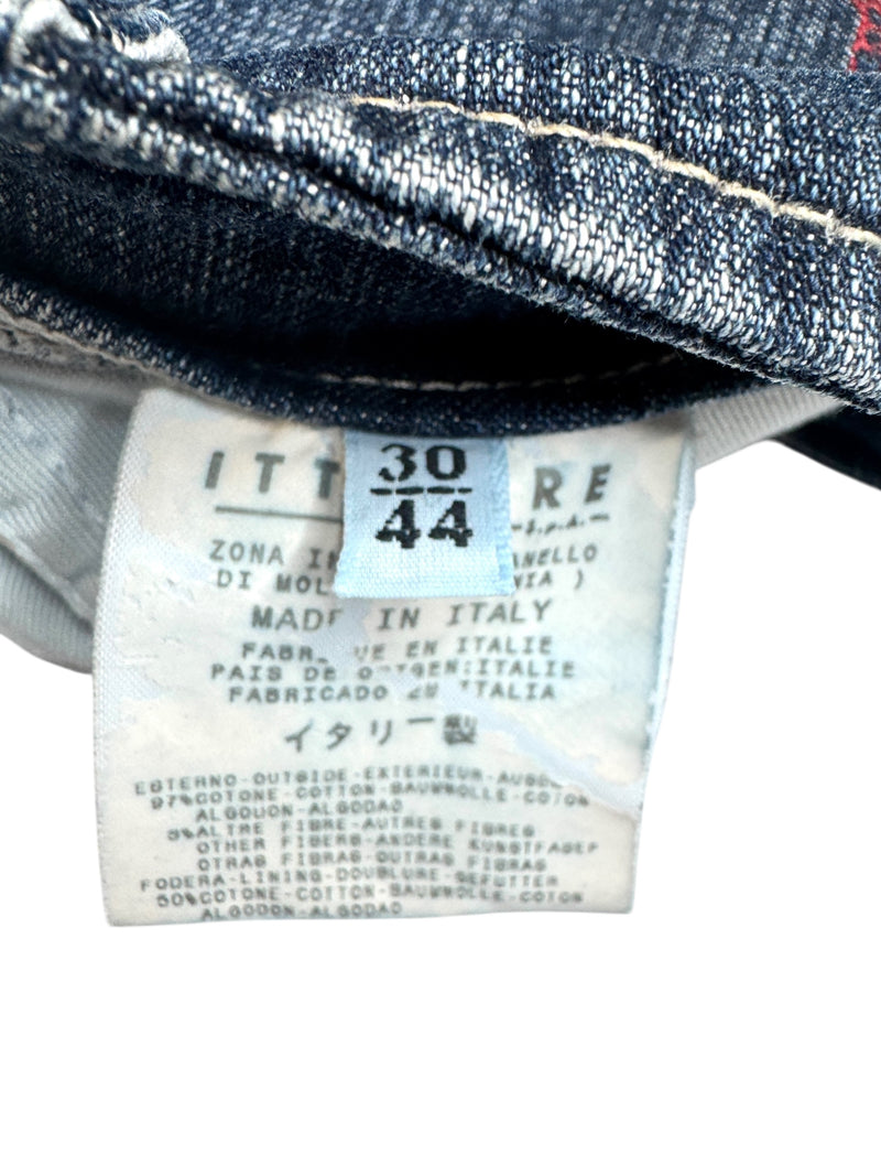 Vintage 2000s Y2K Versace Jeans Couture Low Rise Medium Wash Faded Denim Skirt With Red Stars & Rhinestones | Size M
