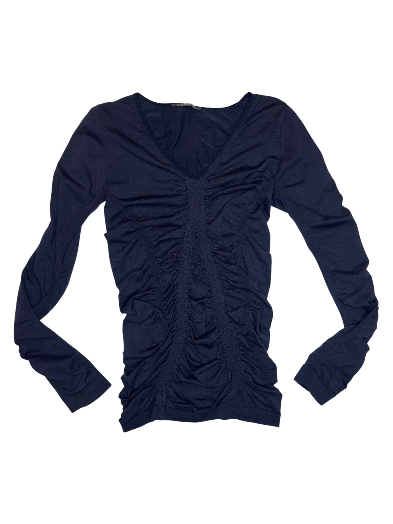 Vintage 2000s MARITHÉ & FRANÇOIS GIRBAUD Navy Blue Ruched Long Sleeve Thermal Top | Size L