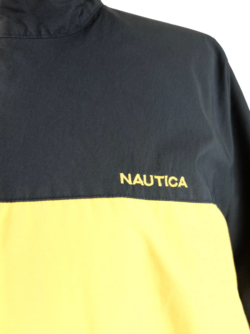 Vintage 90s Y2K Nautica Streetwear Athletic Navy Blue Yellow & Grey Reversible Fleece Lined Spellout Zip Up Shell Windbreaker Jacket | Men’s Size XL