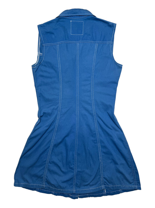 Vintage 2000s Y2K Moschino Mod Preppy Blue Sleeveless Collared Snap Button Down A-Line Mini Dress | Size M