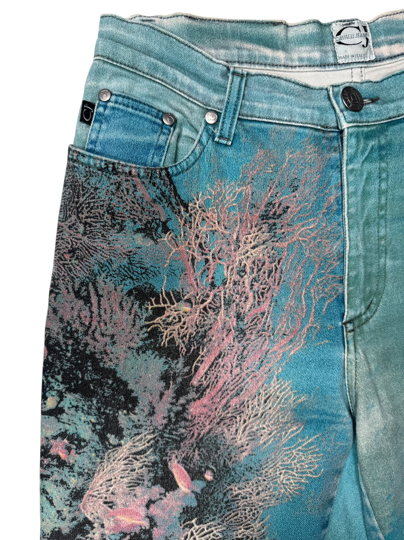 Vintage 90s 1999 Y2K Cavalli High Waisted Abstract Blue Coral Print Graphic Jeans | 28 Inch Waist