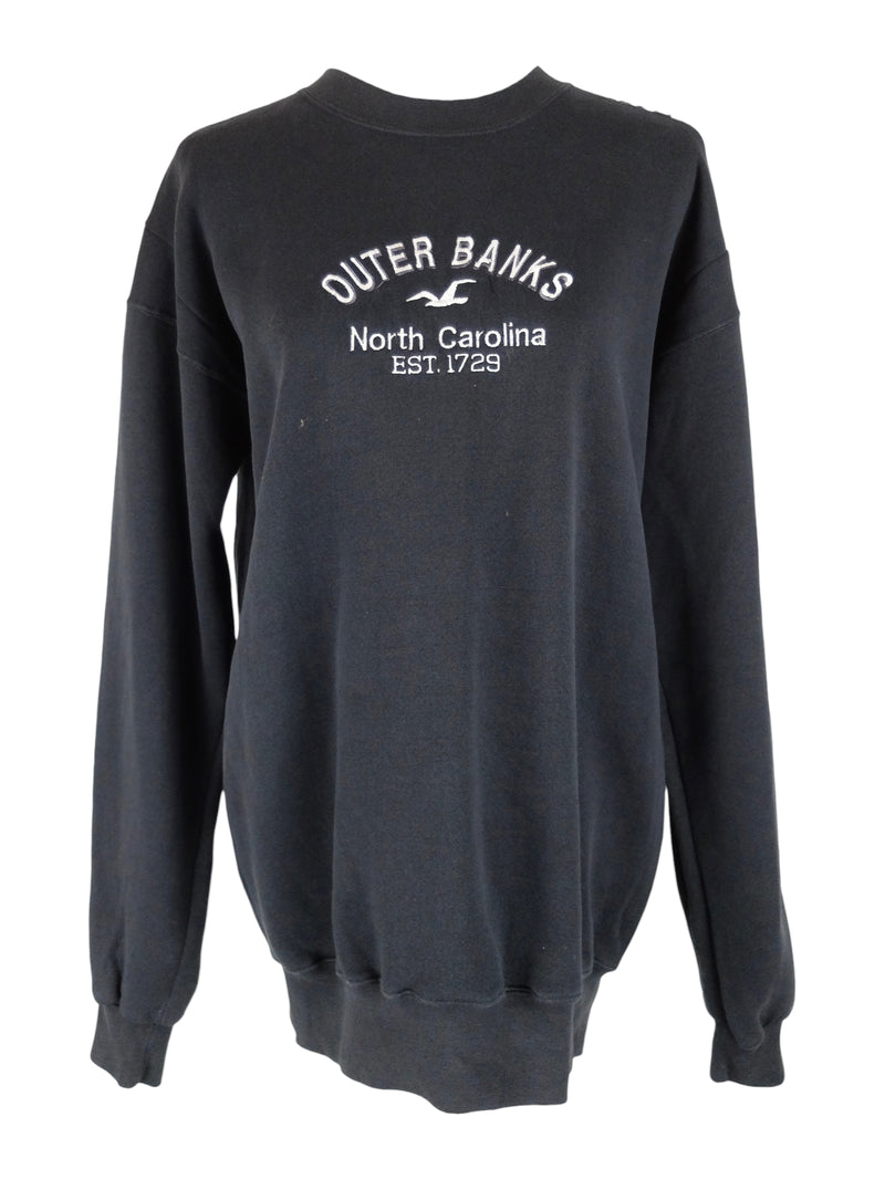 Vintage 2000s Y2K Outer Banks North Carolina Distressed Embroidered Black Crew Neck Pullover Sweatshirt | Men’s Size S-M