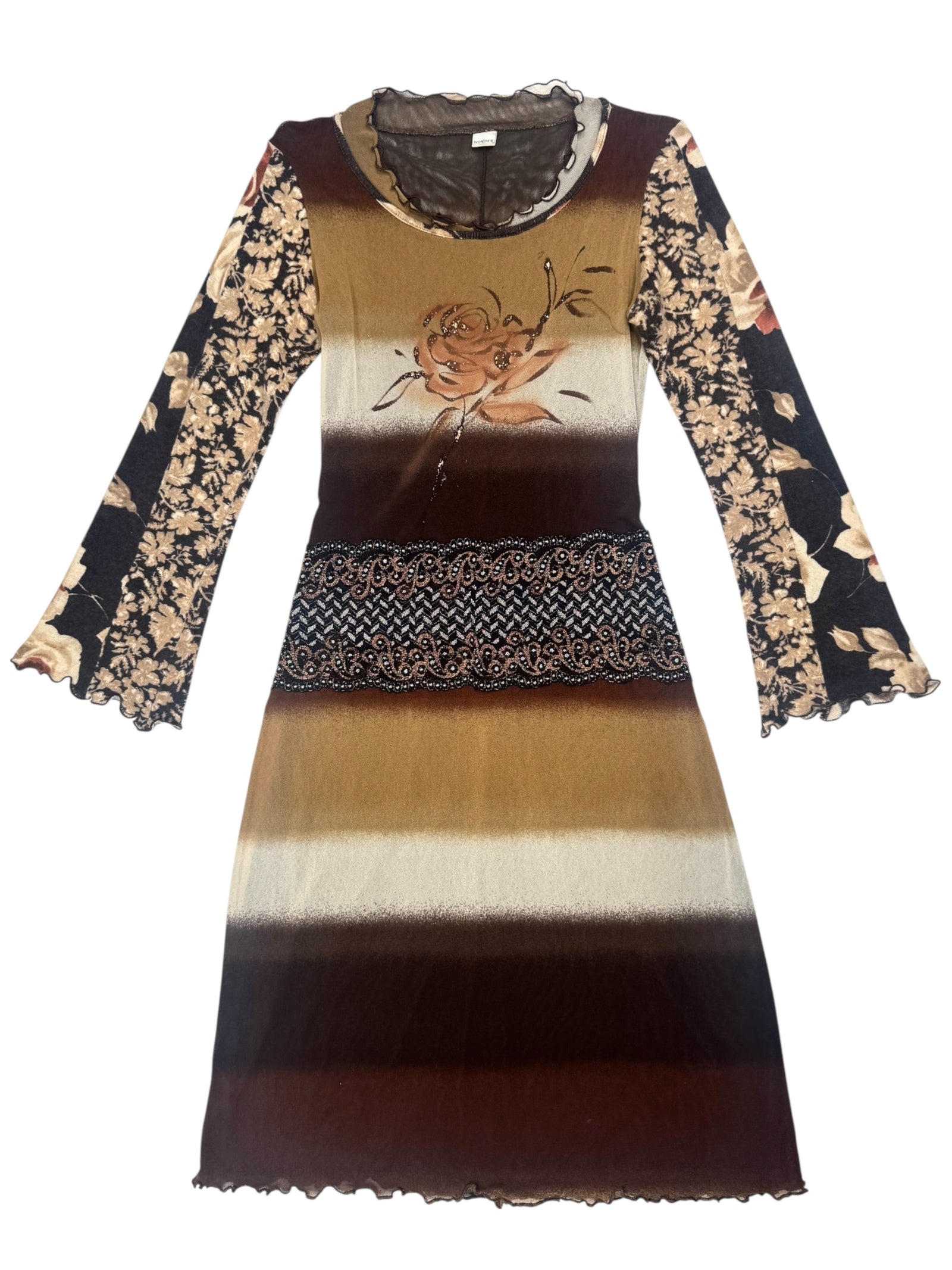 Vintage 2000s Y2K Brown Floral & Striped Mesh Midi Dress With Knit Long Sleeves | Size M