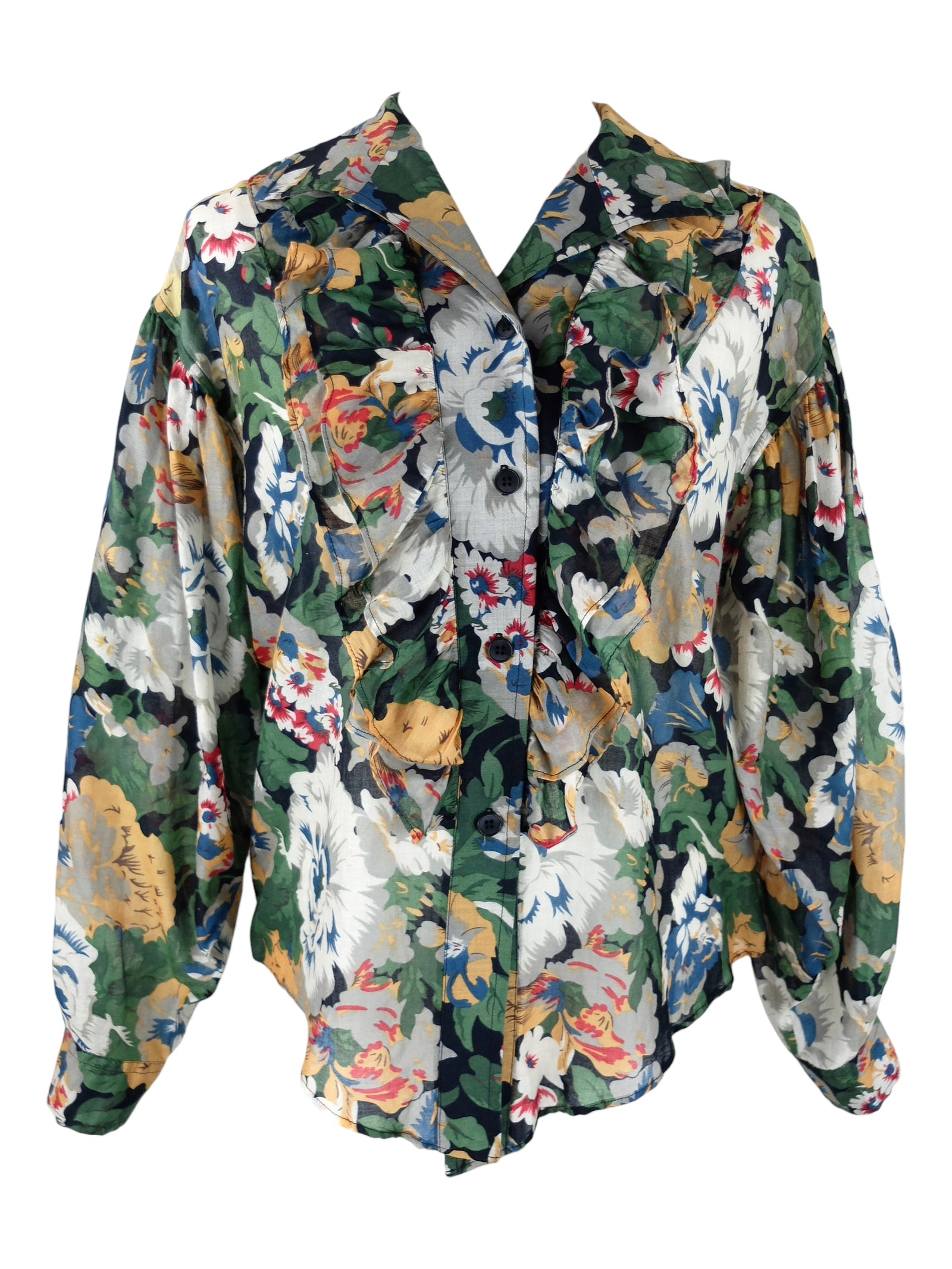 Vintage 90s Kenzo Designer Floral Patterned Collared Long Puff Sleeve Button Down Blouse | Size M