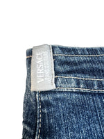 Vintage 2000s Y2K Versace Jeans Couture Low Rise Medium Wash Faded Denim Skirt With Red Stars & Rhinestones | Size M