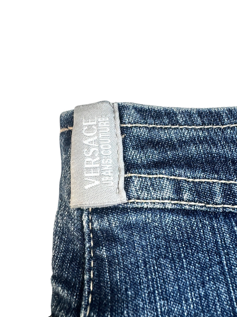 Vintage 2000s Y2K Versace Jeans Couture Low Rise Medium Wash Faded Denim Skirt With Red Stars & Rhinestones | Size M