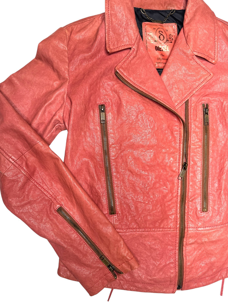 Vintage 2000s Y2K Diesel Grunge Coral Orange Zip Up Moto Leather Jacket with Corset Back Lace Detail | Size M
