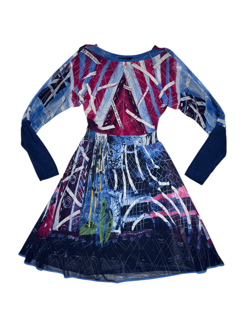 Vintage 2000s SAVE THE QUEEN Long Sleeve Blue Multicolored Abstract Mesh Midi Dress | Size L