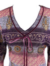 Vintage 2000s Y2K Bohemian Asymmetrical Pink & Purple Paisley Floral Patterned V-Neck Long Sleeve Blouse | Size L