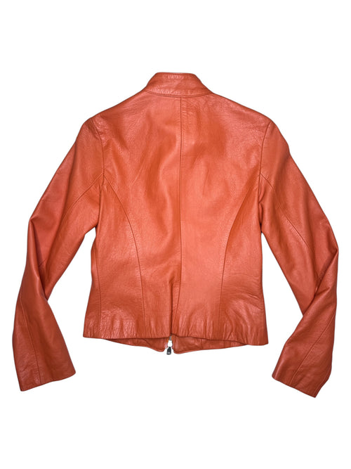 Vintage 2000s Orange Moto Leather Zip Up Jacket with Buckle Detail | Size S