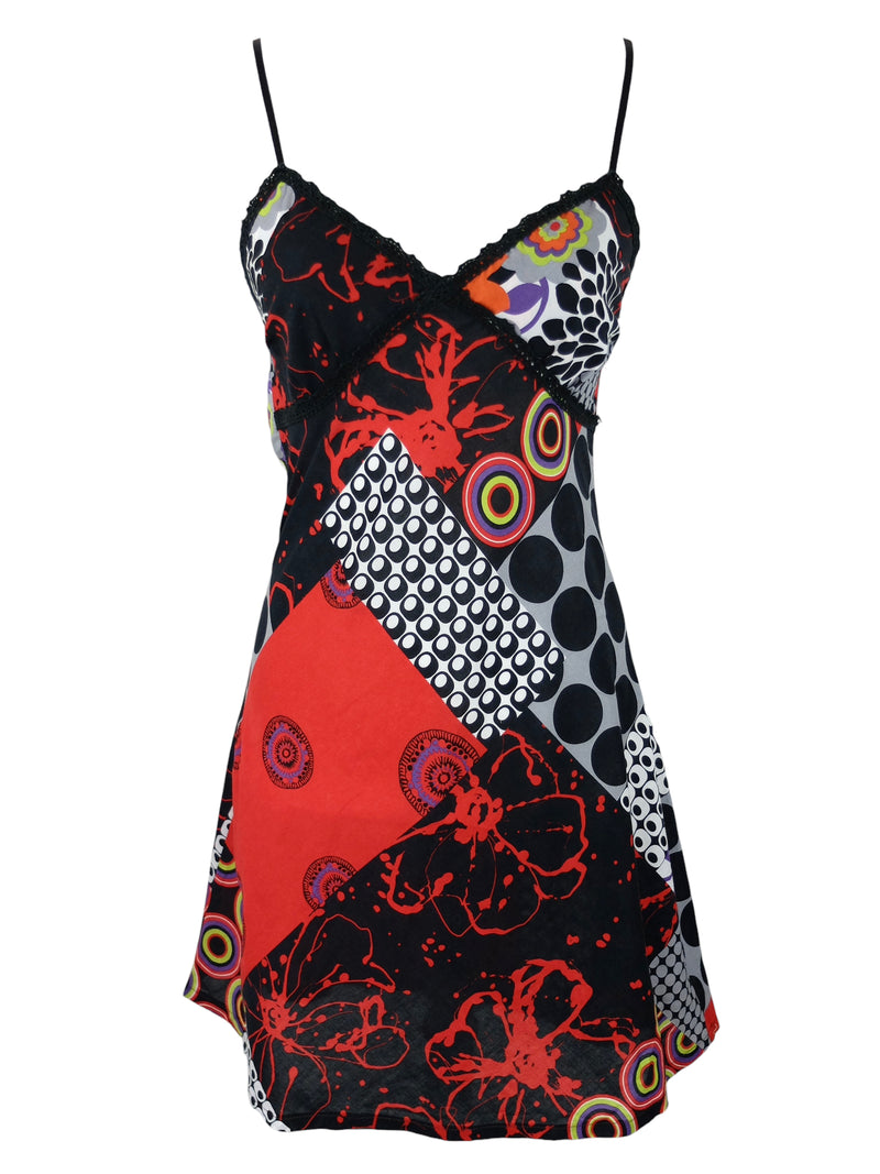 Vintage 2000s Y2K Cache Cache Grunge Gothic Sleeveless Spaghetti Strap Black & Red Abstract Geometric Patterned V-Neck Tank Above-the-Knee Mini Dress | Size S-M