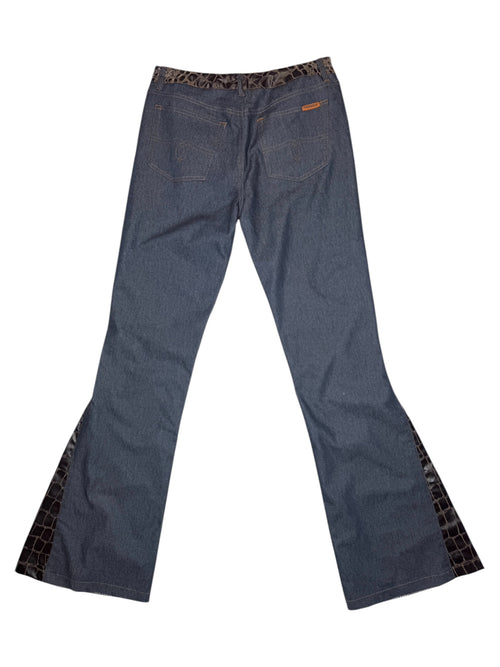 Vintage 2000s Plaid Check Print & Faux Snakeskin Denim Patchwork Flared Trousers | Size S