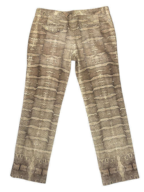 Vintage 2000s Roberto Cavalli Mid-Rise Tan & Brown Snakeskin Print Straight Leg Trousers | 34 Inch Waist