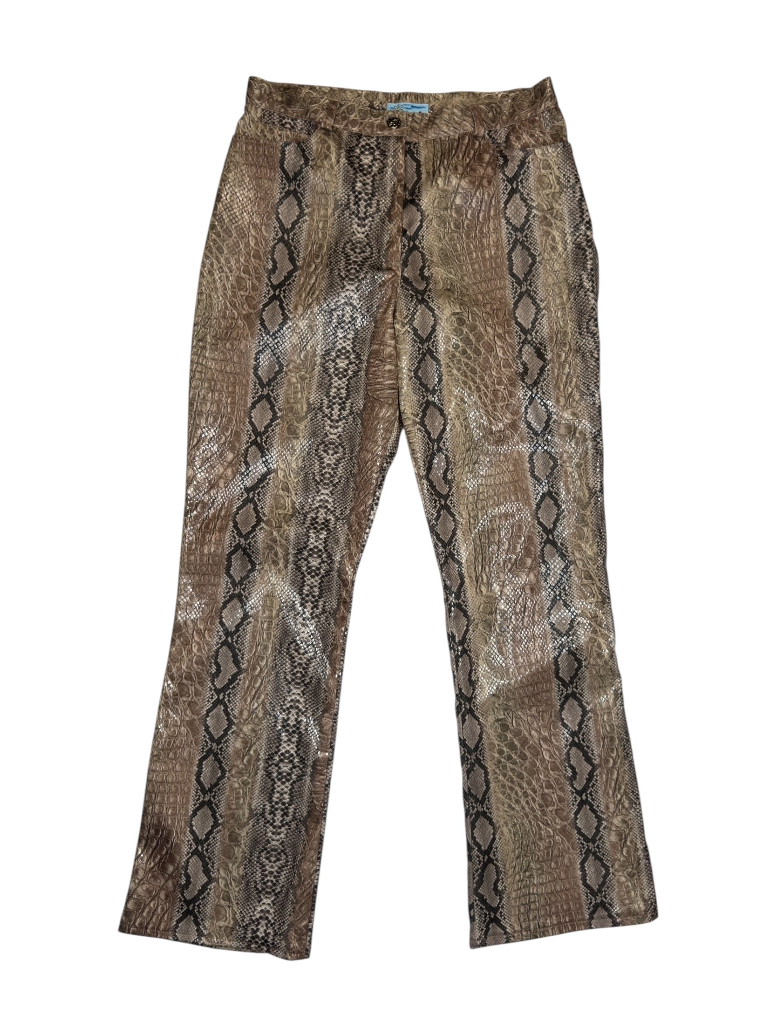 Vintage 2000s Miss Blumarine Mid-Rise Brown Snakeskin Print Shiny Bootcut Pants | 28 Inch Waist