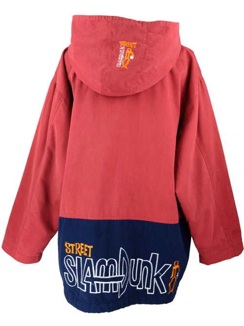 Vintage 90s Y2K Streetwear Hip Hop Style Sports Red & Navy Blue Colourblocked Hooded Zip Up Jacket | Men’s Size 3XL