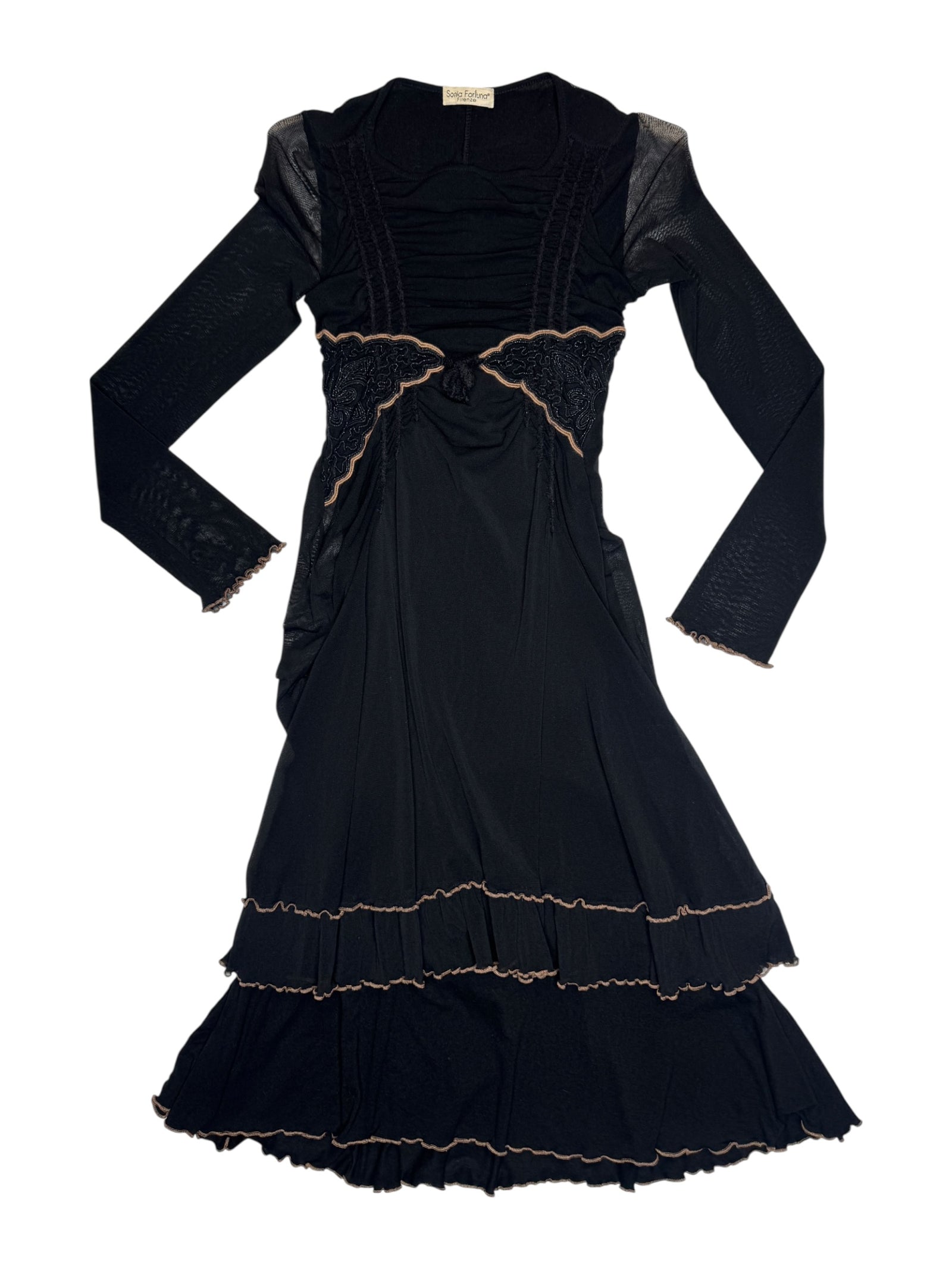 Vintage 2000s Sonia Fortuna Black Layered Mesh Long Sleeve Stretchy Midi Dress | Size S