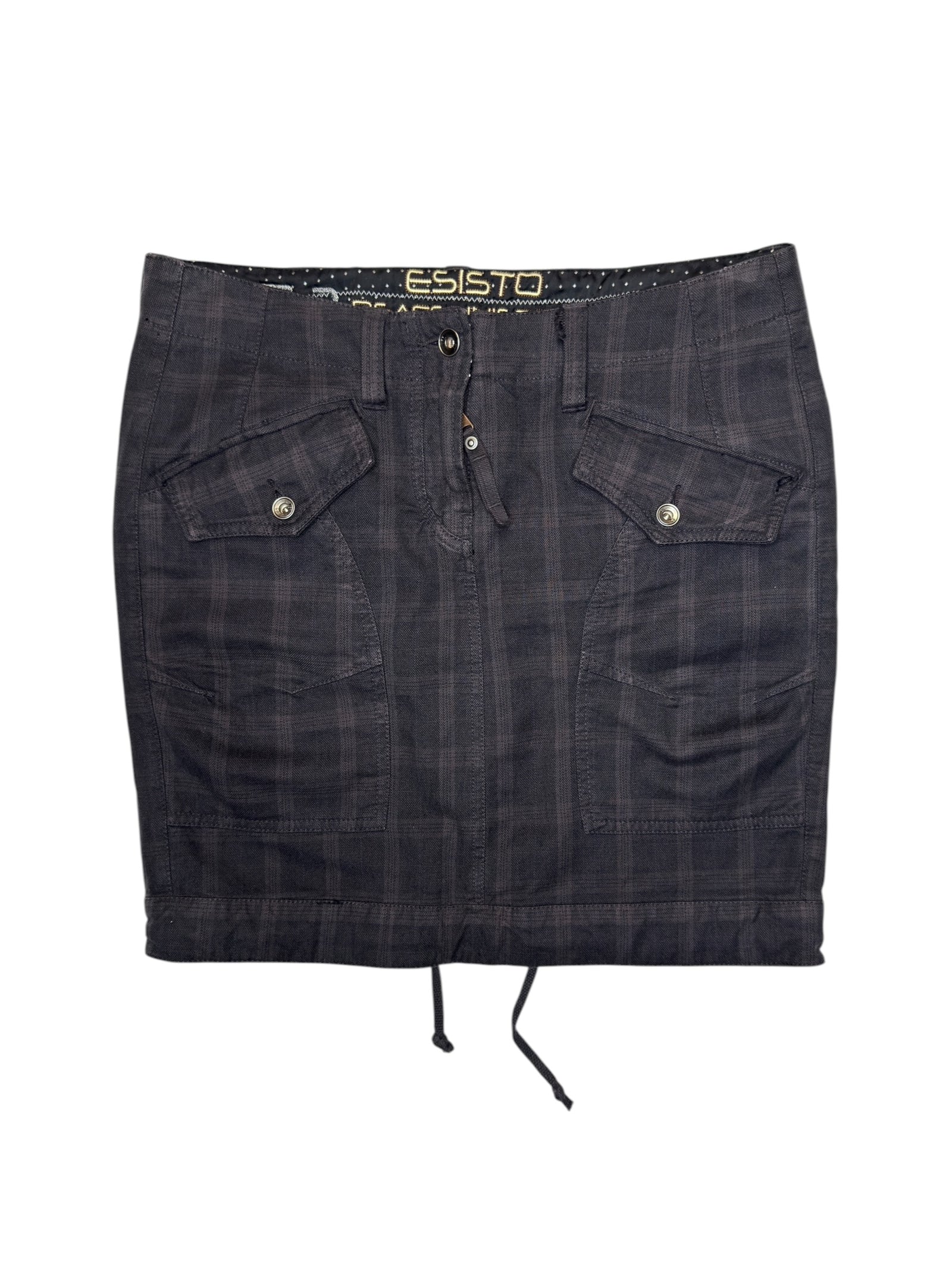 Vintage 2000s Subversive Low Rise Grey Plaid Bubble Mini Skirt with Drawstring Detail | Size M
