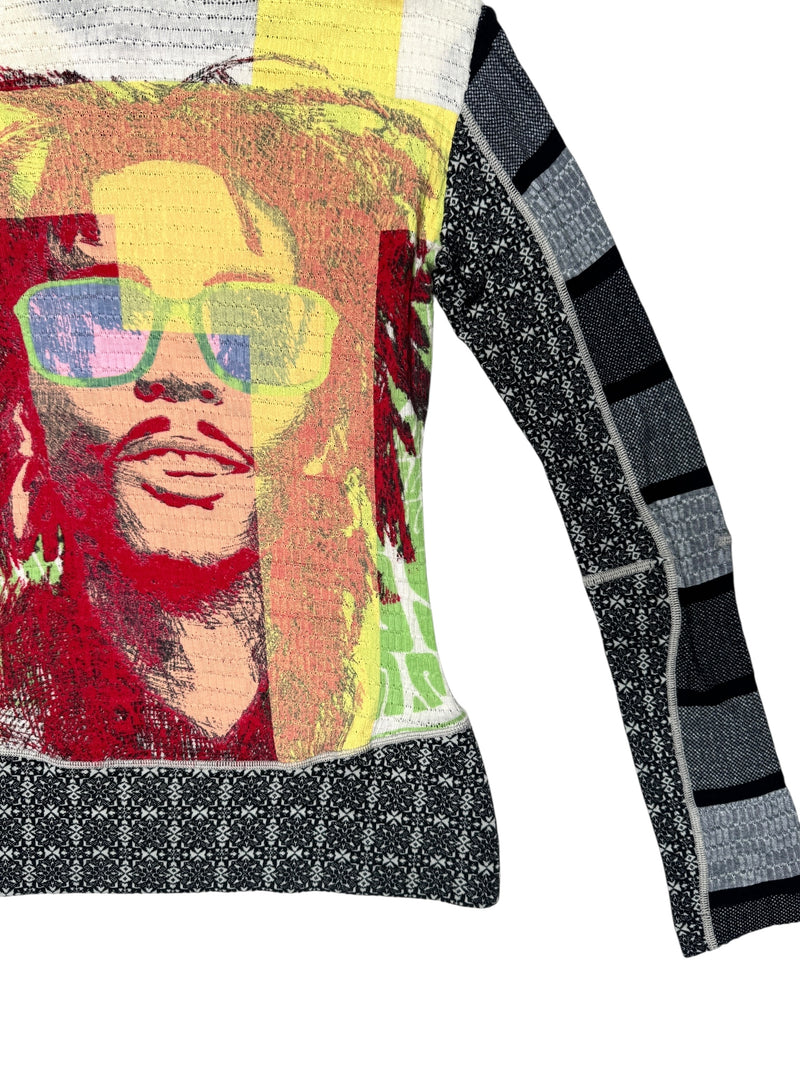 Vintage 2000s Y2K Custo Barcelona Streetwear Fitted Abstract Multicoloured Graphic Hooded Long Sleeve Shirt | Size S