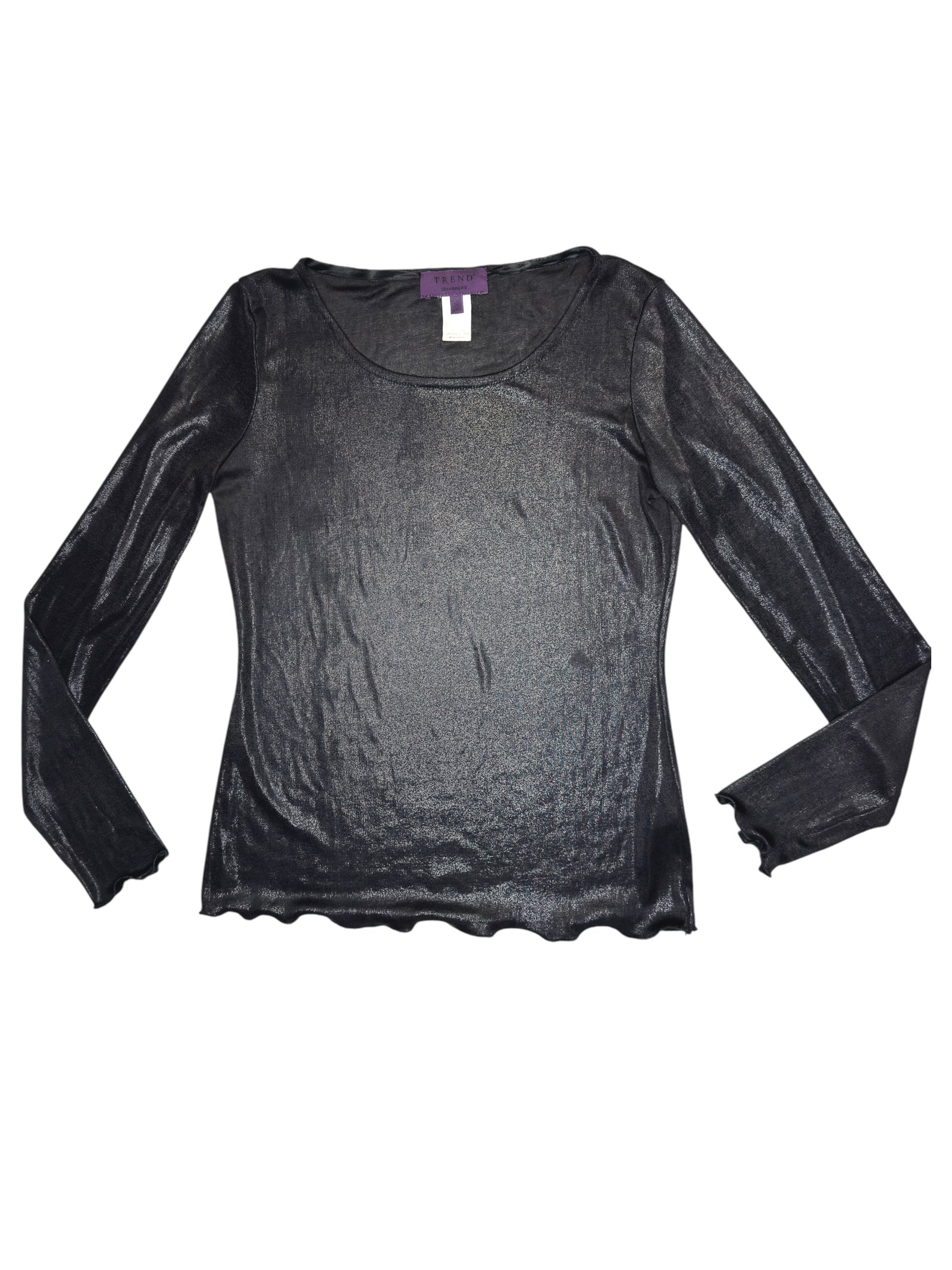 Vintage 2000s LES COPAINS Black Metallic Shimmer Long Sleeve Top with Lettuce Hem | Size S-M