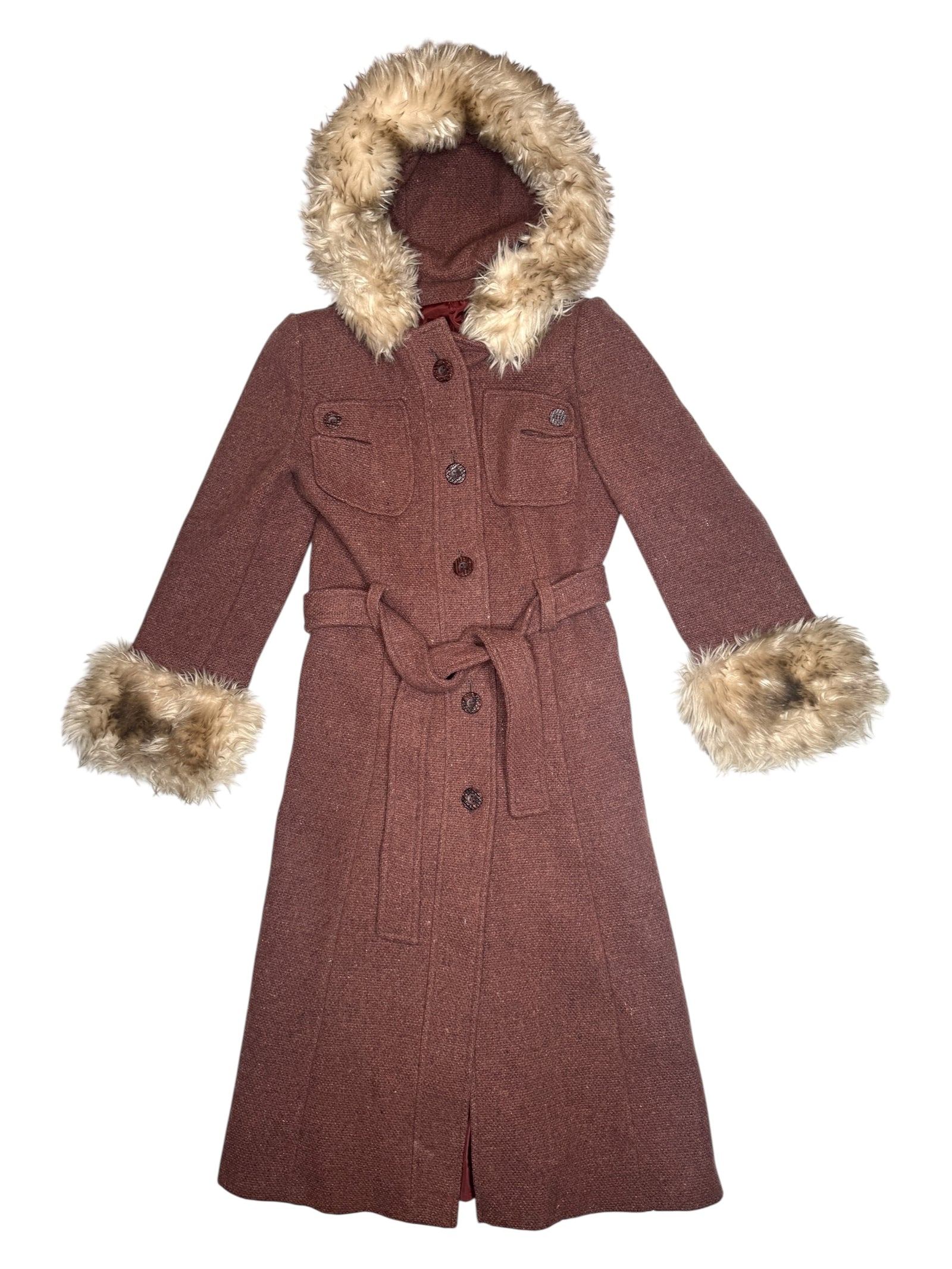 Vintage 70s Mod Bohemian Hippie Rust Orange Brown Woven Button Down Faux Fur Hooded Winter Trench Coat | Size S