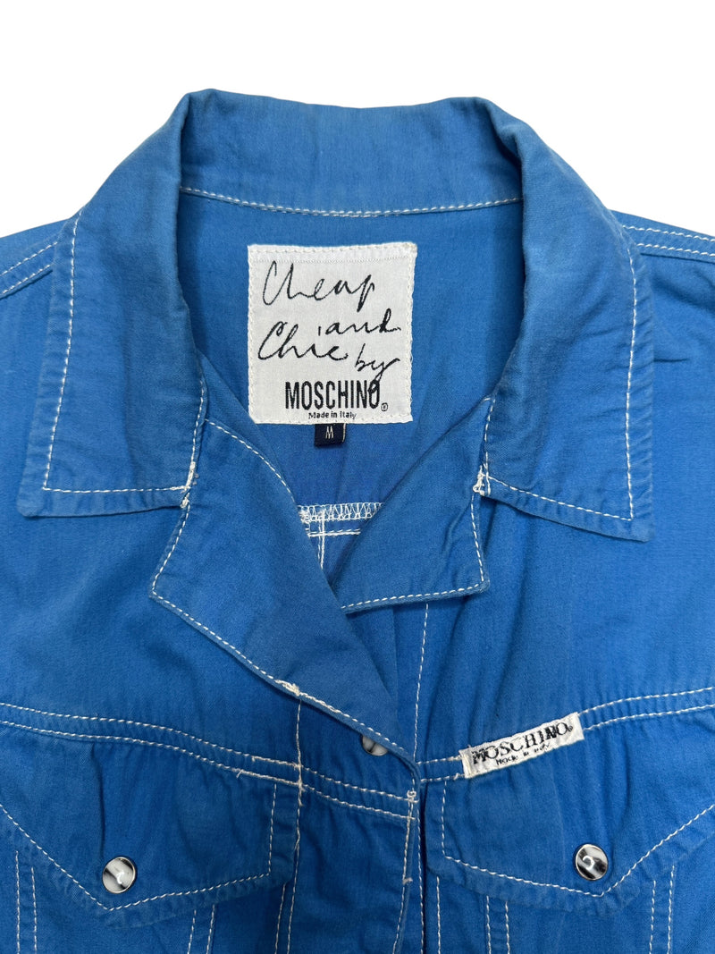 Vintage 2000s Y2K Moschino Mod Preppy Blue Sleeveless Collared Snap Button Down A-Line Mini Dress | Size M