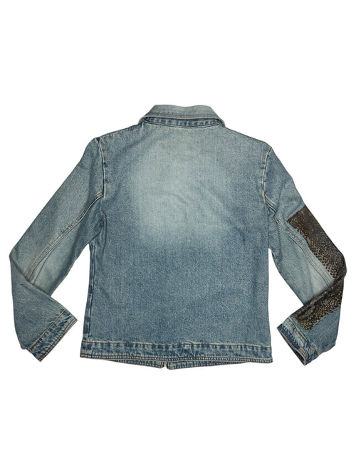 Vintage 2000s Cavalli Light Wash Denim Jacket with Brown Abstract Screen Printed Detail | Size M