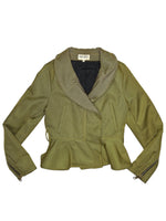 Vintage 90s KENZO Mustard Green Fitted Padded Collared Zip Up Peplum Jacket | Size S