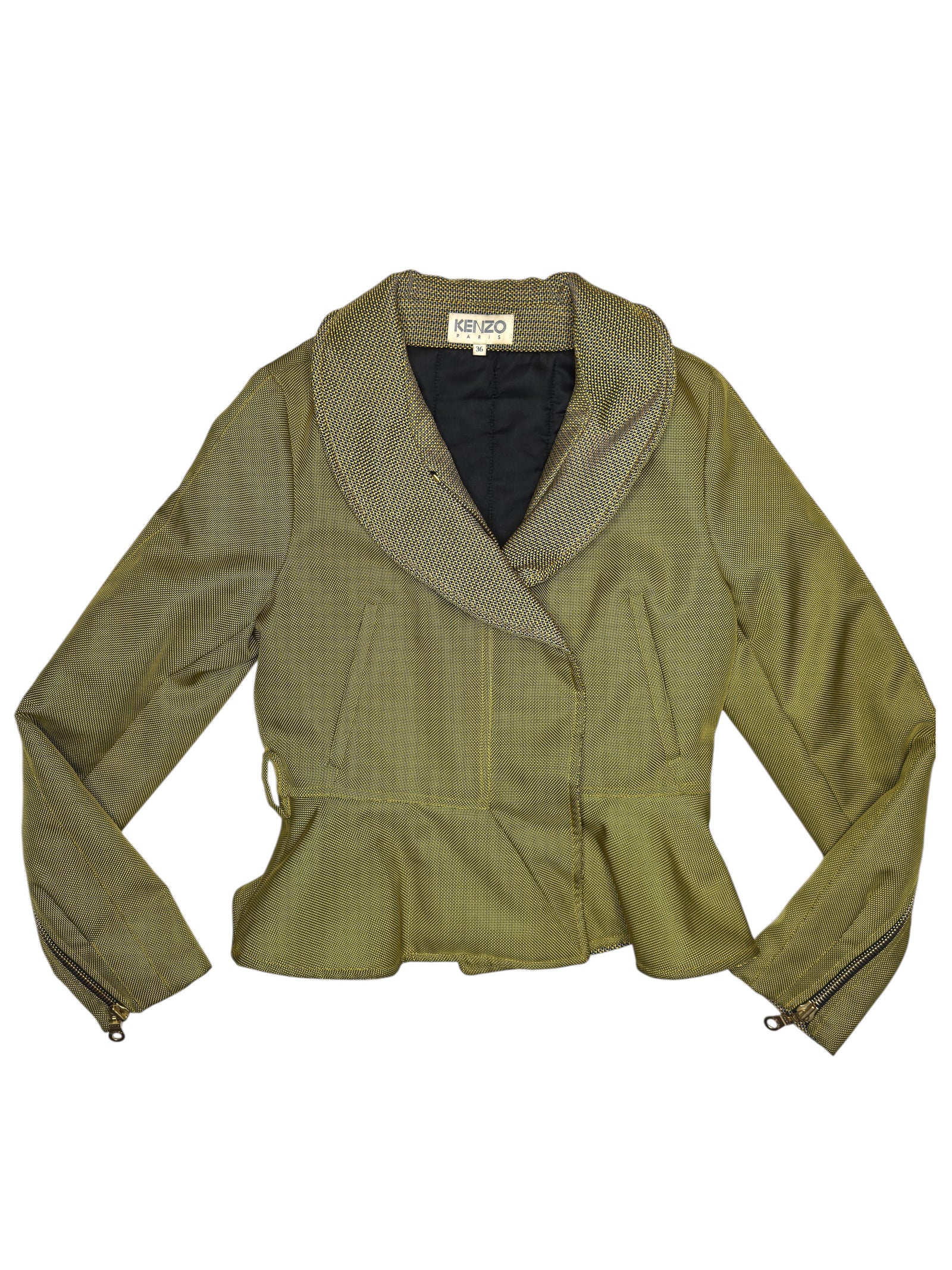 Vintage 90s KENZO Mustard Green Fitted Padded Collared Zip Up Peplum Jacket | Size S