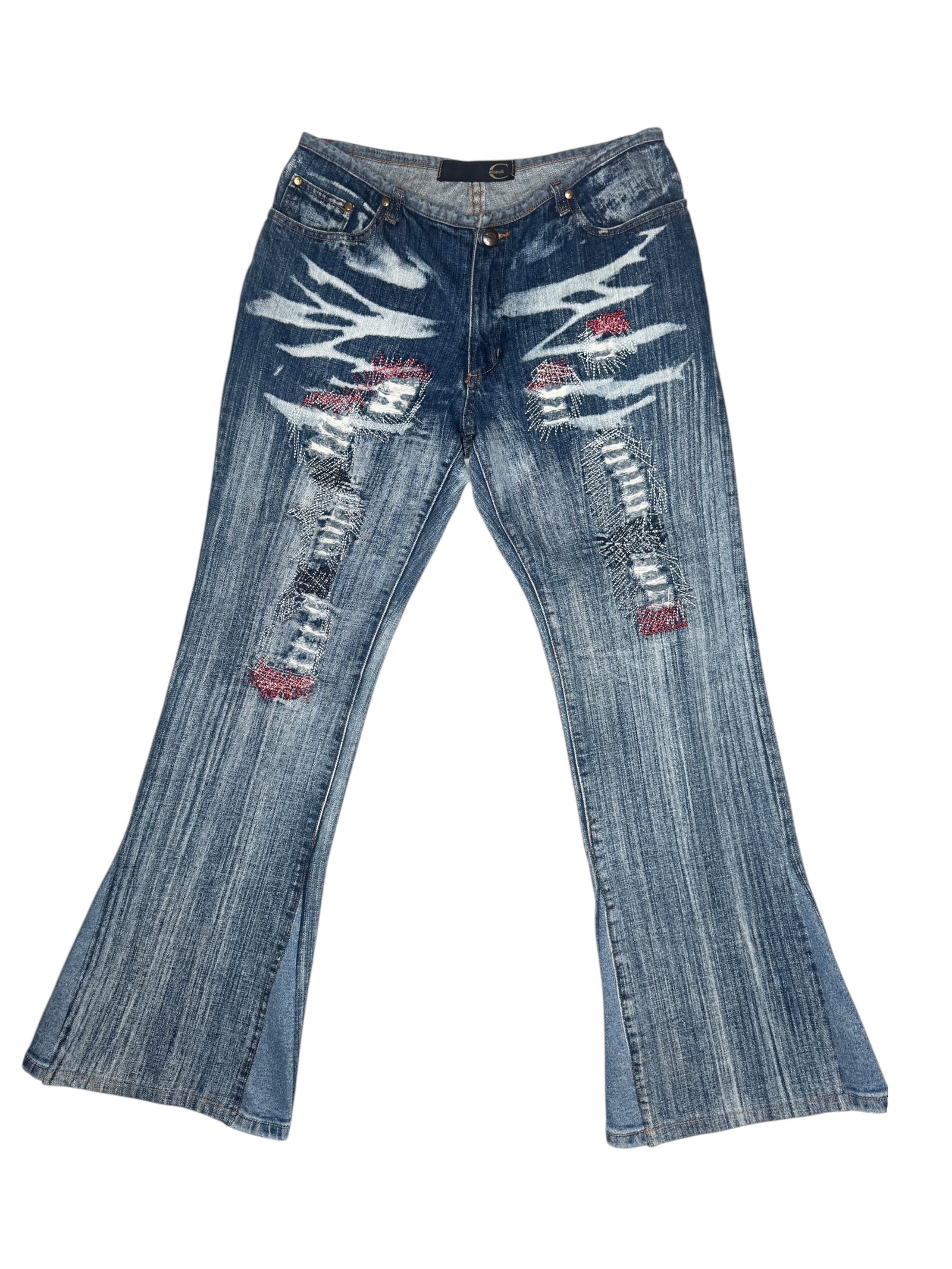 Vintage 2000s Y2K Just Cavalli Embroidered Mid-Rise Acid Wash Blue Denim Bootcut Jeans | 30 Inch Waist