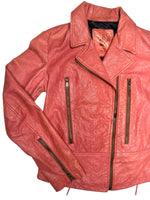 Vintage 2000s Y2K Diesel Grunge Coral Orange Zip Up Moto Leather Jacket with Corset Back Lace Detail | Size M