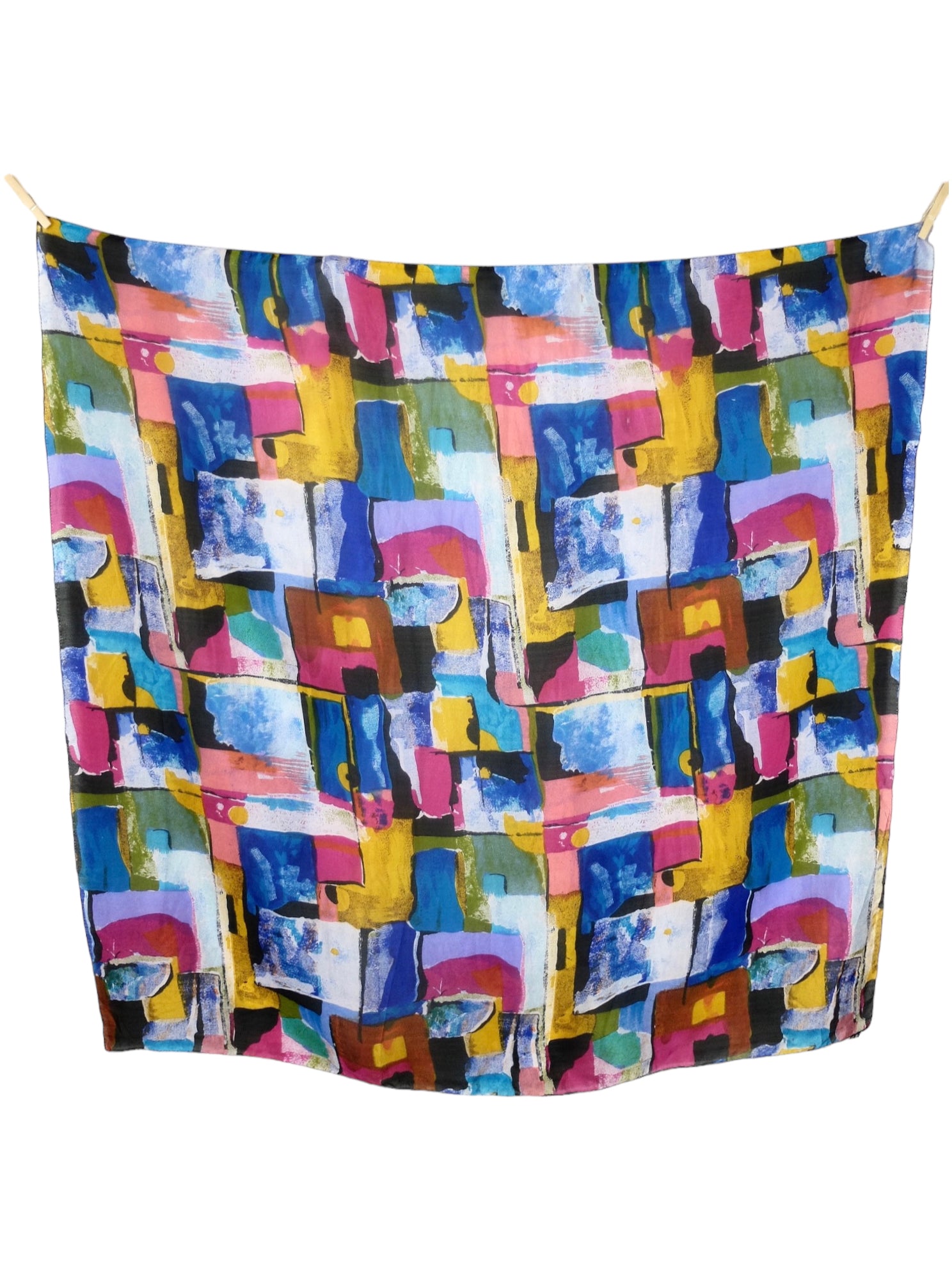 Vintage 80s Silk Funky Bohemian Bright Multicoloured Abstract Print Large Wide Square Bandana Neck Tie Scarf with Hand-Rolled Hem