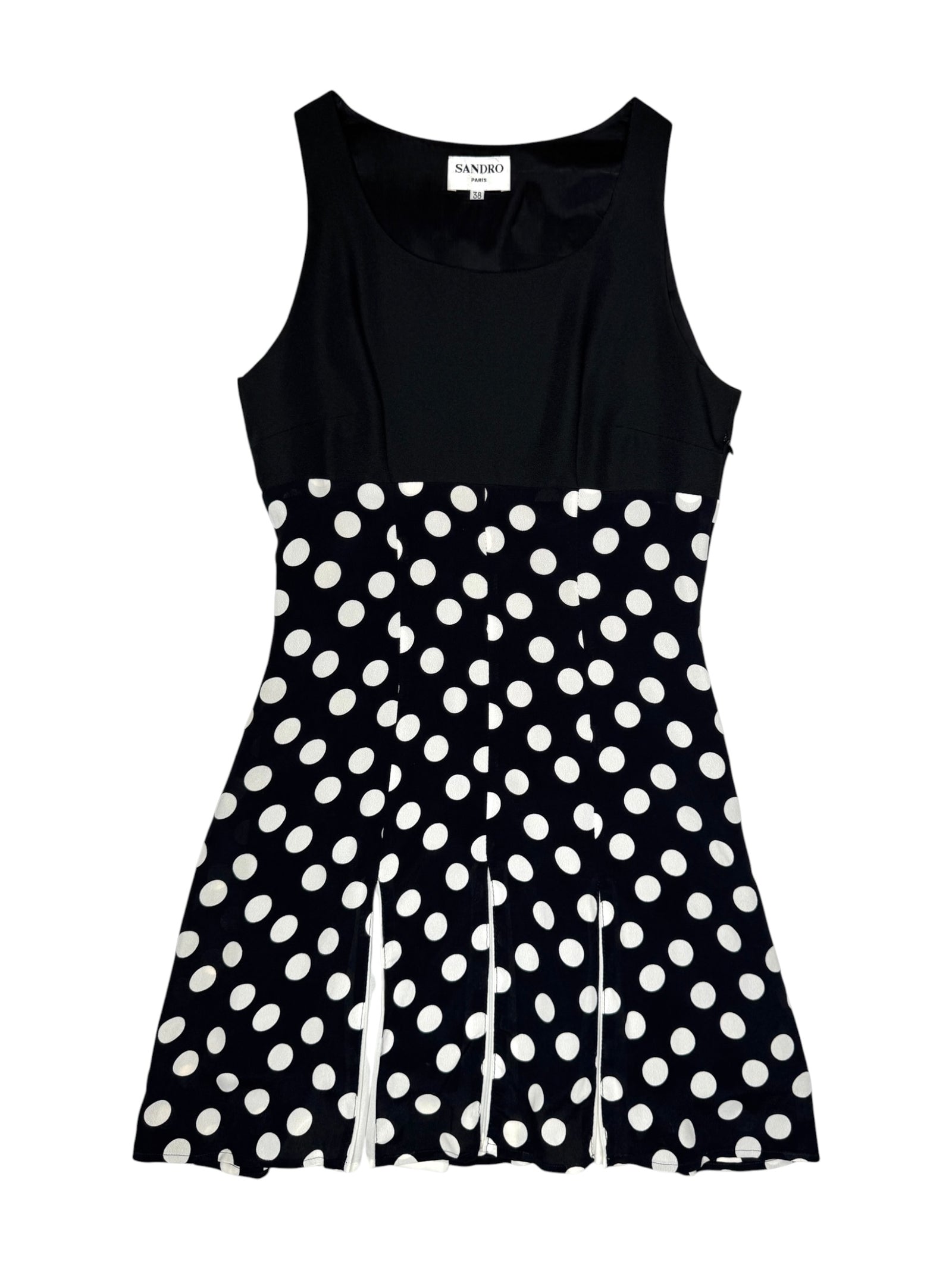 Vintage 90s SANDRO Black & White Polka Dot Sleeveless Pleated A-Line Mini Dress | Size XS-S