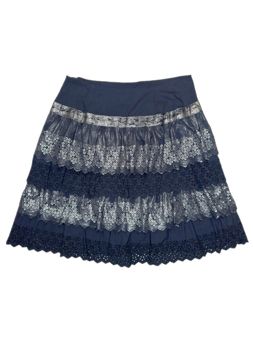 Vintage 2000s MAX & CO Navy Metallic Silver Foil Print Layered Ruffle Knee Length Skirt with Lace Trim | Size M