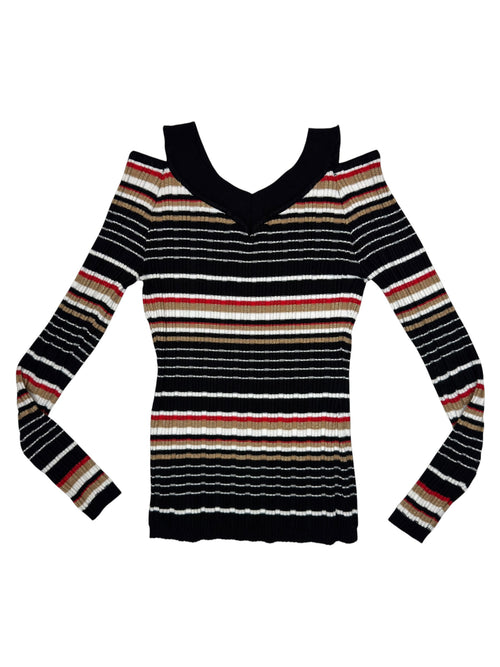 Vintage 2000s Striped Long Sleeve Stretch Knit Top with Cutout Shoulders | Size XS
