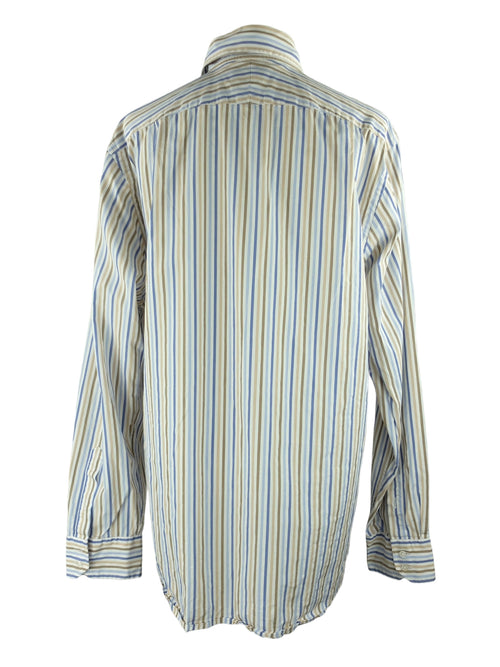 Vintage 2000s Y2K Men's Striped White Blue & Yellow Collared Button Up Long Sleeve Dress Shirt
