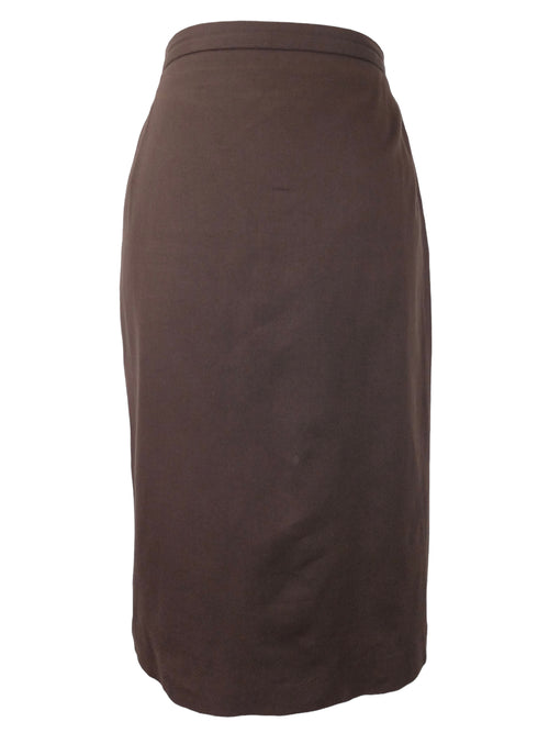 Vintage 80s Burberrys Designer Chic Mod Solid Basic Brown Below-the-Knee Straight Silhouette Midi Skirt  | 30 Inch Waist